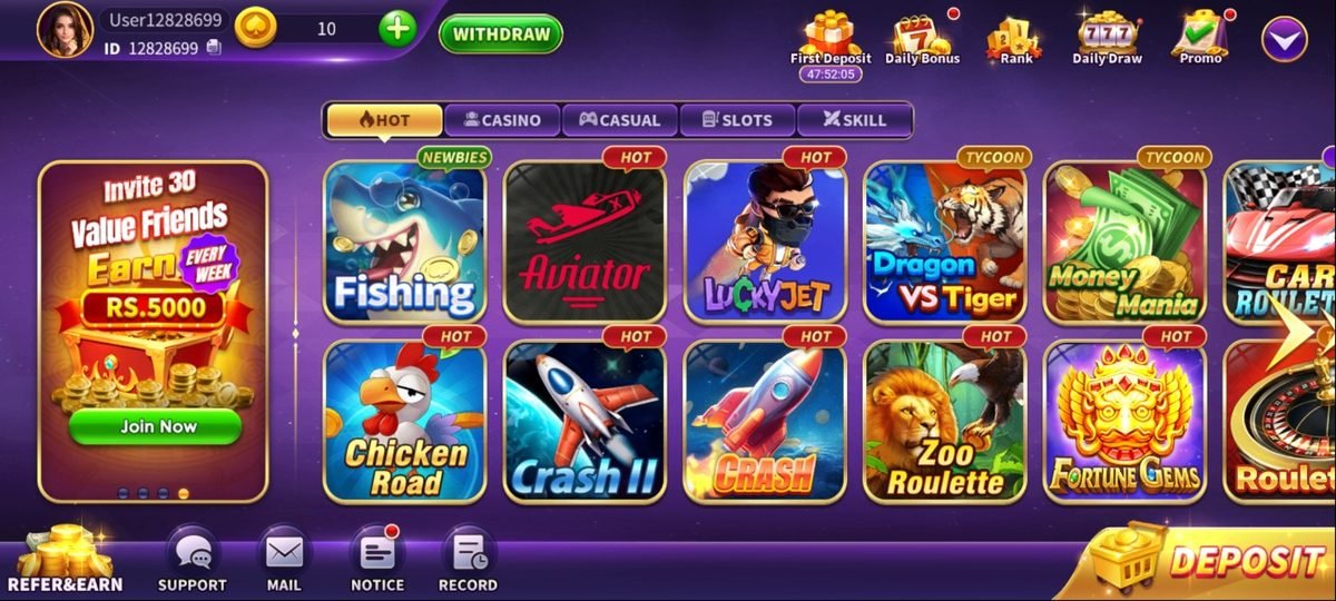 PK66 Game interface showing game categories and menu options